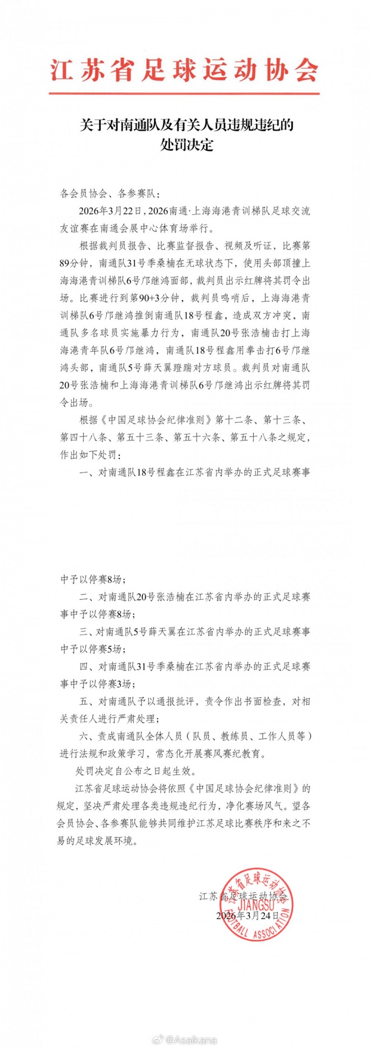 开云体育入口-江苏足协、上海足协对南通队vs海港U20队多人互殴事件进行处罚